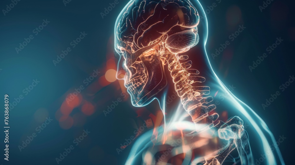 x-ray human body anatomy with glowing brain. - obrazy, fototapety, plakaty 