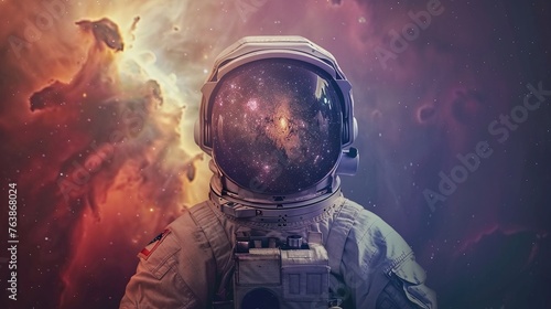 astronautical voyage front view astronaut portrait with galaxy and nebula reflection in helmet glass