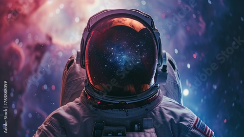 deep space adventure astronaut portrait with galaxy and nebula reflection in helmet glass