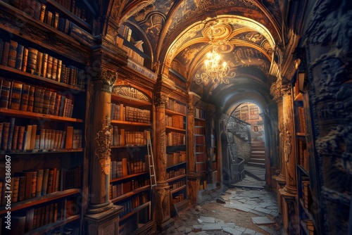 Ancient Library Secrets Enigmatic Old Library Filled with Ancient Books and Hidden Knowledge, Digital Art Scene