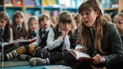 group of elementary school pupils sitting on floor listening to female teacher read story