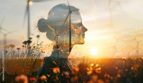 Harmony of nature and humanity: beautiful silhouette of a woman merging with vibrant natural elements under golden sunlight photo