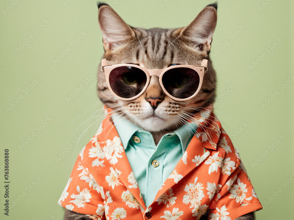 A cat wearing sunglasses and dressing for the upcoming summer A cat wearing sunglasses and dressing for the upcoming summer