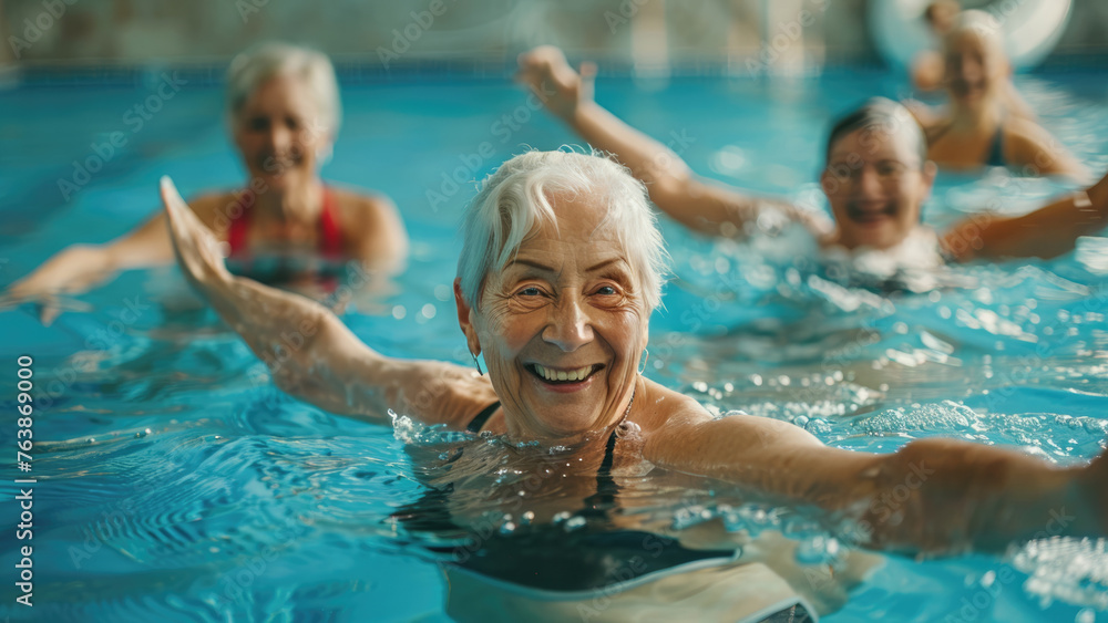 Fototapeta premium Poolside Radiance: Happy Senior Women's Swim 