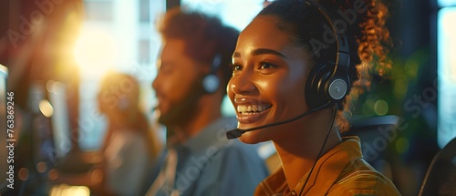 Illustration of call center worker wearing over-ear headphones for company business help desk and telephone assistance concept. Smiling while talking People talking on the phone will feel friendly. © Chanawat