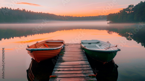 Serene Lake Dawn with Boats on Misty Water Reflection