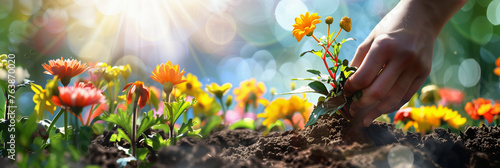 Planting flowers in sunny garden , front view, soil, sky (5) © Visual Sensation