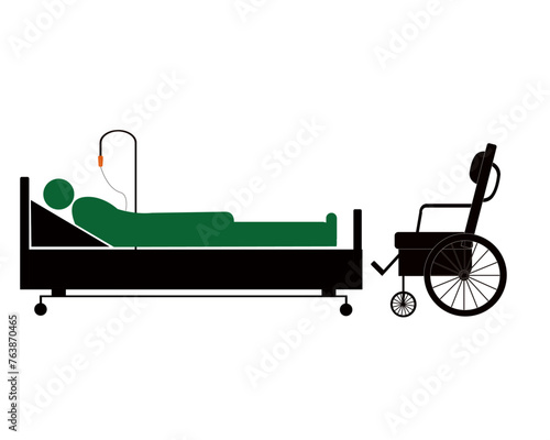 Silhouette de malade sur lit d'hopital avec transfusion sanguine et fauteuil roulant sur fond blanc