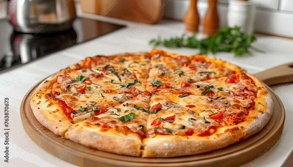 Tasty pizza on table against stove in kitchen Tasty pizza on table against stove in kitchen