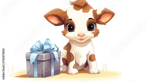 Fototapeta Naklejka Na Ścianę i Meble -  Funny cow baby calf boy holding gift box