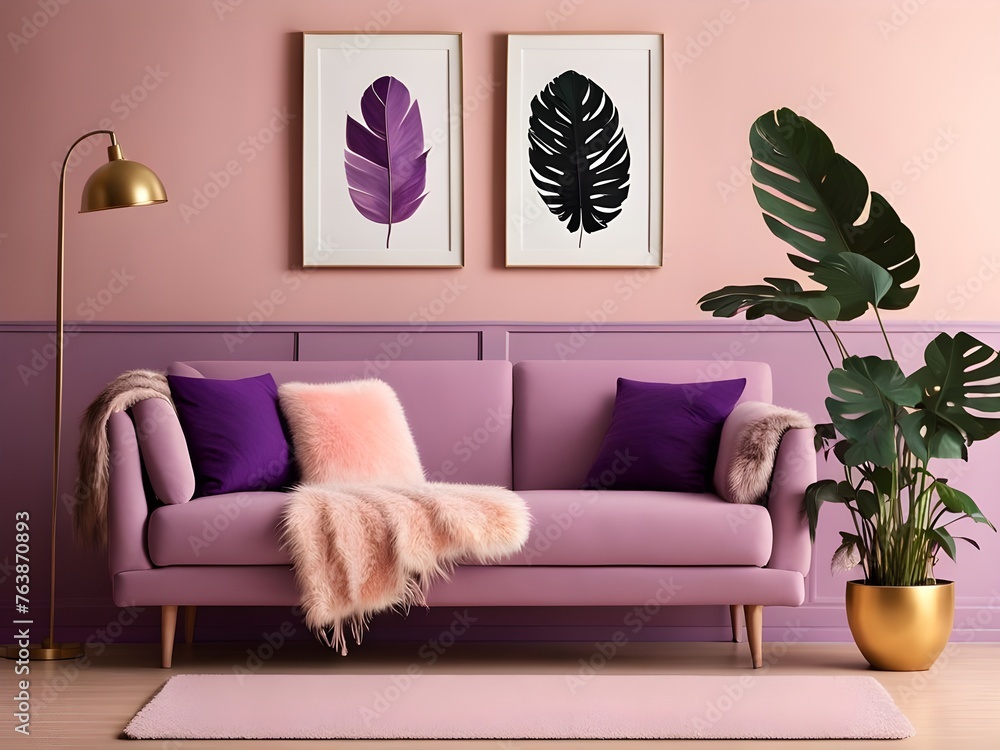 modern living room with pink color sofa: pink and purple colors theme ...