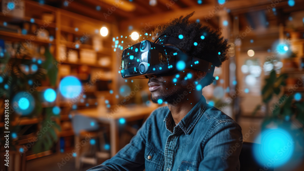 Immersed in Tomorrow: A Man Ventures into Virtual Reality with Cutting-Edge Glasses
Immersed in Tomorrow: A Man Ventures into Virtual Reality with Cutting-Edge Glasses