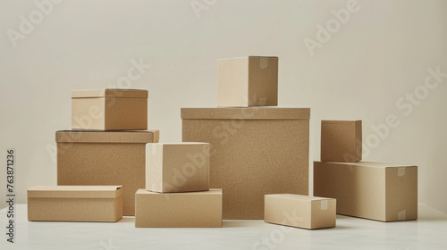 Stack of various sized cardboard boxes arranged on a plain background, suggesting moving, storage or shipping concepts. © ChubbyCat