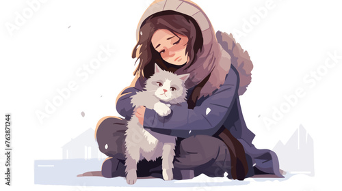 Girl adopt homeless frozen cat flat vector 