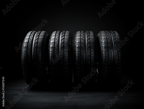 Close-up of a black car wheel with four tires on dark background