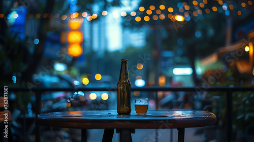 Beer bottles on the table, Chongqing city background, China. Generative AI illustration