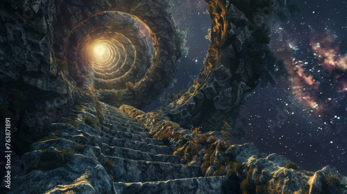 A digital illustration of an ancient spiral staircase winding up a colossal stone structure towards a luminous portal, set against a backdrop of a starry night sky. photo