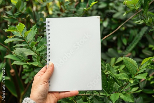 Close-up of hands holding an open, blank notebook against background