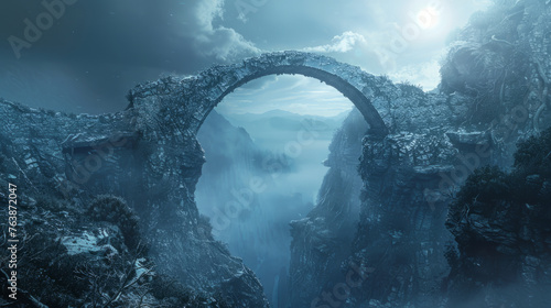 A mystical landscape featuring an ancient arched stone bridge connecting two rugged cliffs, surrounded by misty forests under a serene moonlit sky. photo