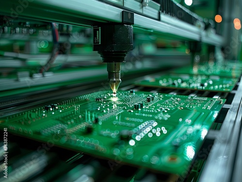 Close up of a printed green computer circuit board board being cut by a machine, with a green color scheme photo