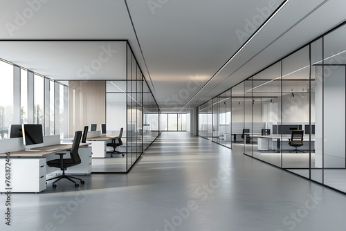 Interior open empty office with glass partition  workplace with big windows. White office for work on computer. Modern work space  no people