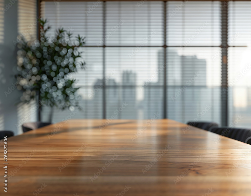 Wooden conference table in a modern office setting with cityscape view with blurred background. High quality photo Wooden conference table in a modern office setting with cityscape view with blurred background. High quality photo