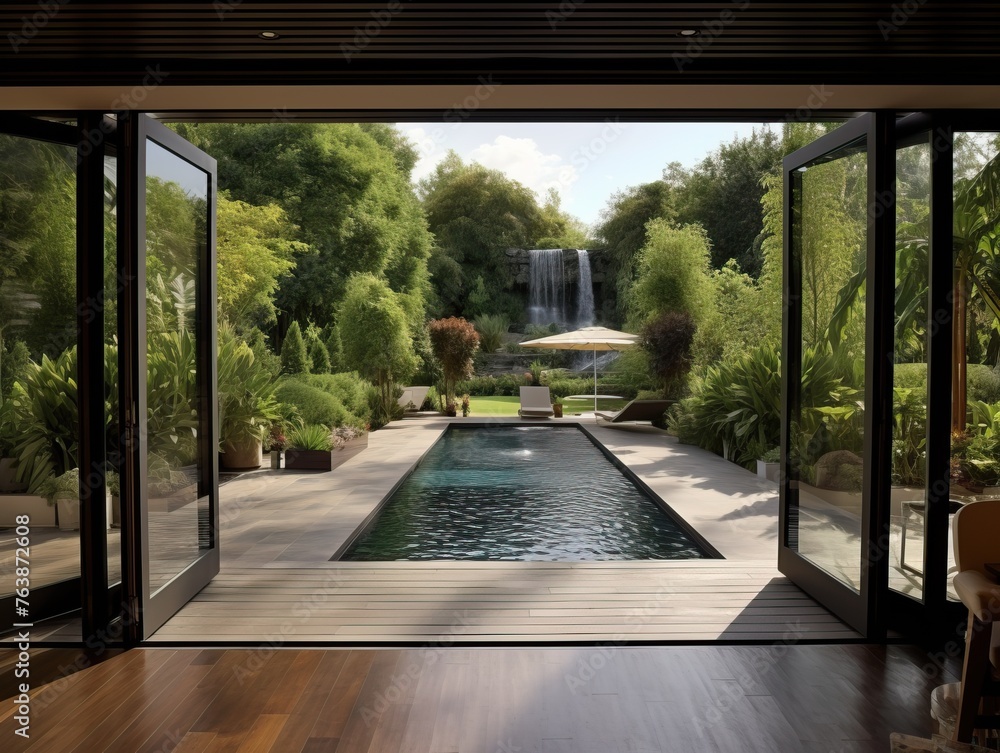Aluminum folding door leading to terrace with pool and nature view