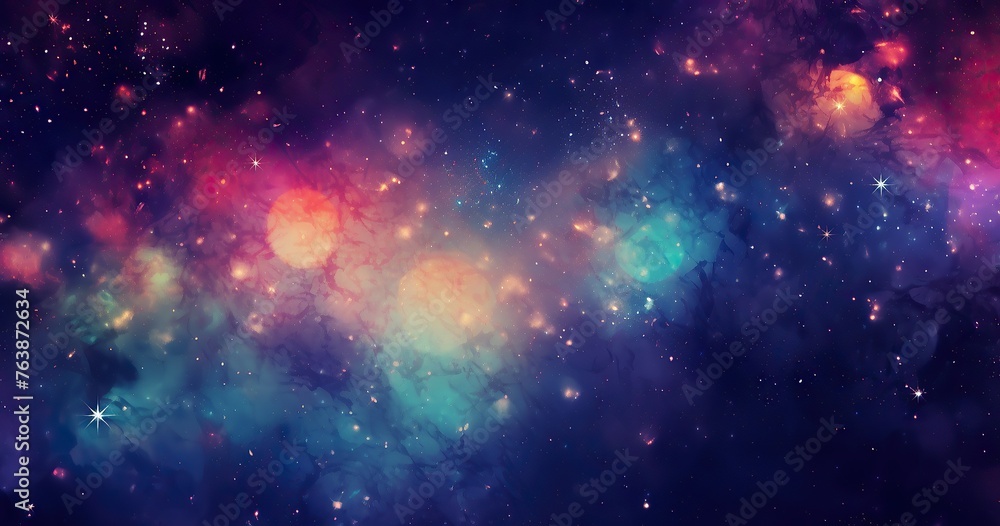 A vibrant cosmic background with stars and galaxies, showcasing the beauty of space exploration. The color scheme includes deep beautifull  - obrazy, fototapety, plakaty 