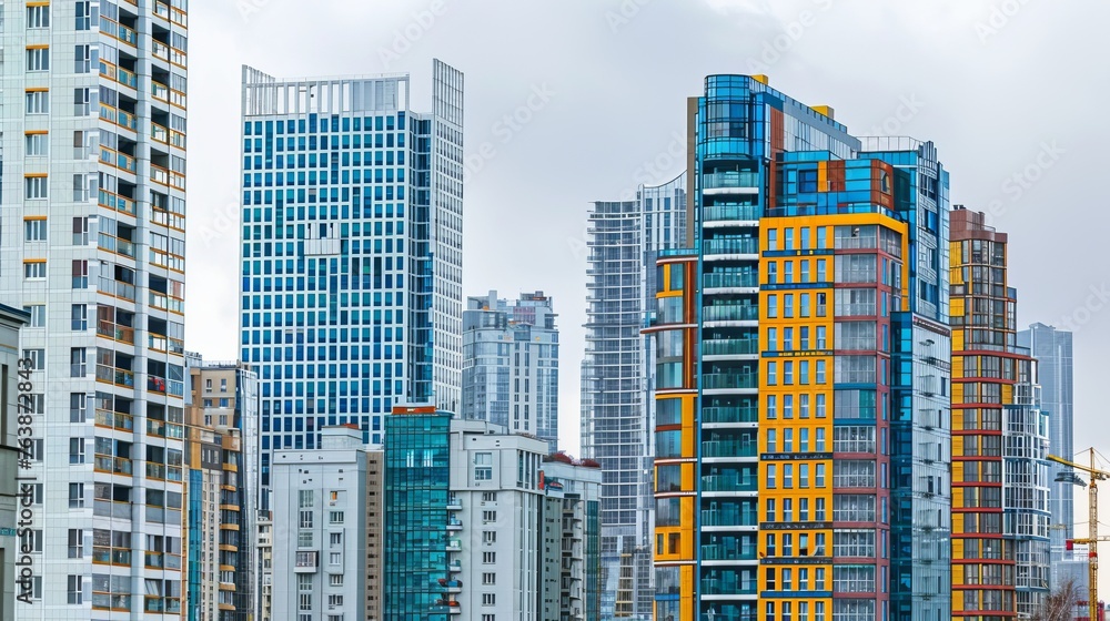 Cityscape view with business buildings with contemporary architecture in metropolitan city in day. High-rise modern skyscrapers in big town against grey sky