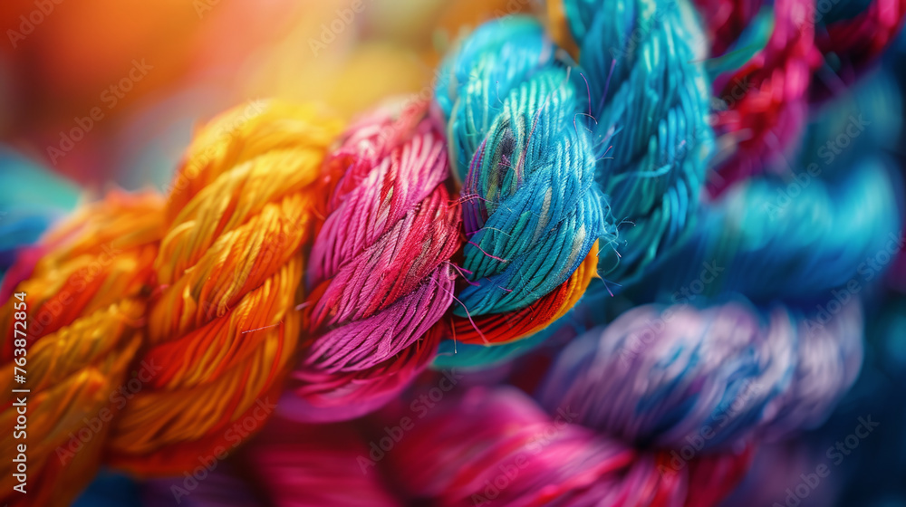 Close-up of vibrant, multi-colored ropes intertwined, showcasing a variety of textures and patterns against a blurred background, emphasizing their bright hues and the detail of the twisted fibers.