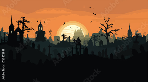 Halloween Cemetery Skyline Vector Silhouette flat vector © Mishab
