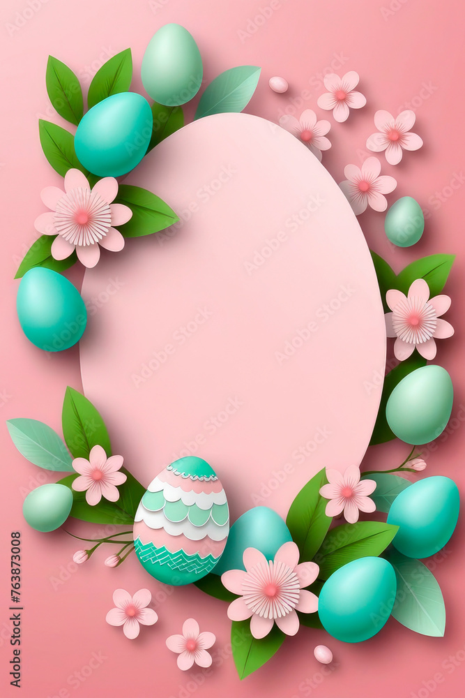 Paper cut style easter background with colorful flowers and Easter eggs in soft pink and mint green colors.
