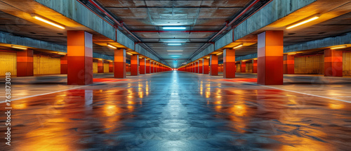 An empty underground parking lot with symmetrically aligned orange pillars and reflective flooring under fluorescent ceiling lights.