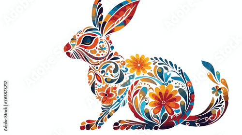 Hand drawn hare with abstract floral ornament. Vector