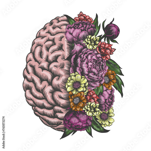 Hand drawn half brain and flowers Concept for Mental Health. Floral Brain, Brain with Wildflowers. Vector illustrations isolated on white background. Vintage Design for print T-shirt, stickers, poster