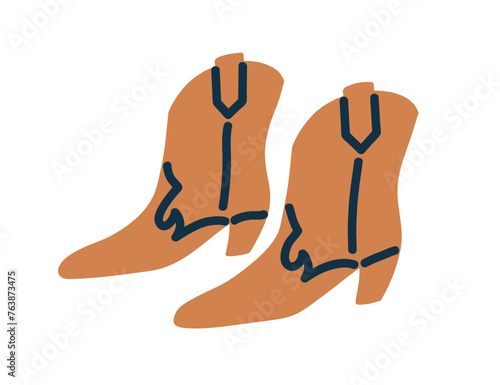 Western cowboy boots. Cowgirl footwear. Fashion autumn low-heeled shoes. Modern women foot wearing. Trendy footgear pair. Colored flat vector illustration isolated on white background.