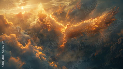 A majestic phoenix rising from the clouds, surrounded by a bright aura, with wings spread wide and a trail of fire behind it, indicative of power and rebirth. photo