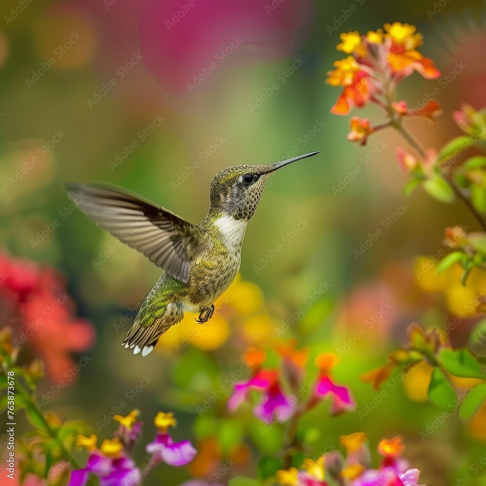 Obraz premium A hummingbird in mid-flight hovers gracefully, wings blurred in motion, among vibrant multicolored flowers in a lively garden.
