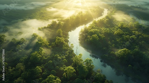 Aerial view of a sunlit forest with fog  showcasing a river meandering through the lush greenery.
