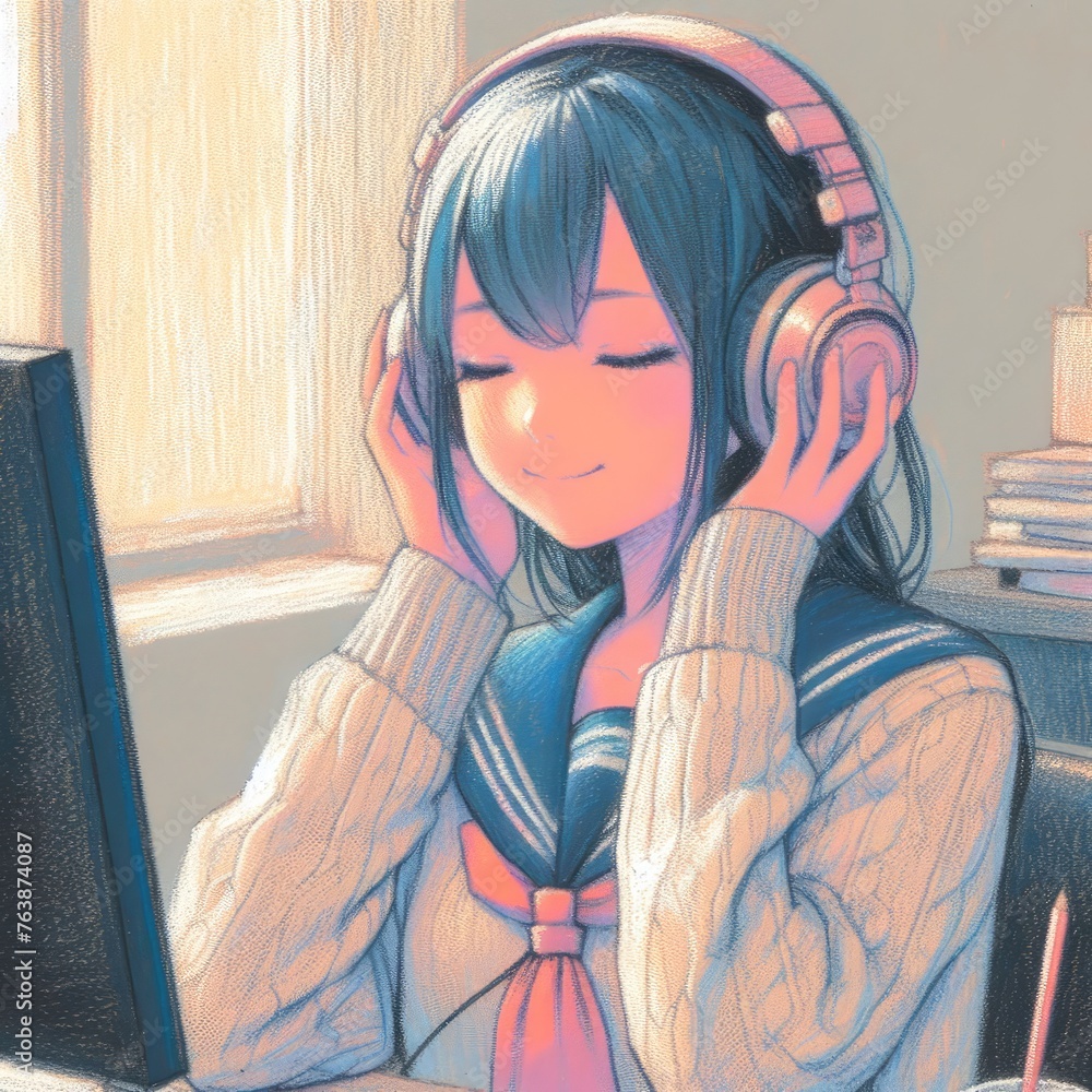 Asian girl wearing headphone illustration with Generative AI. Asian girl wearing headphone illustration with Generative AI.