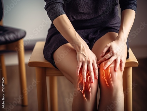 Woman with knee pain and joint inflammation suffering from osteoarthritis and leg injury