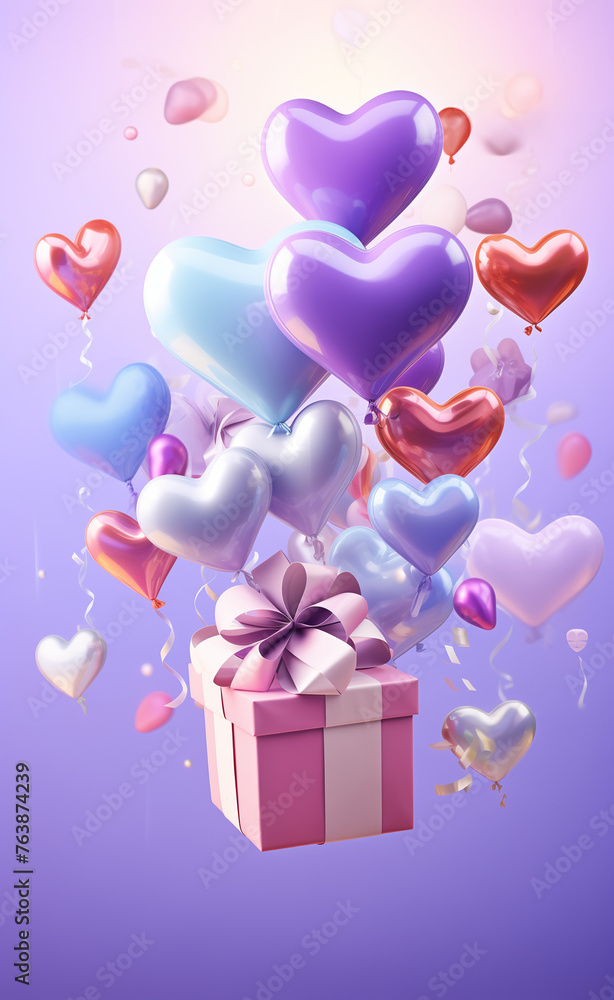 Gift box with balloons in shape of heart.
