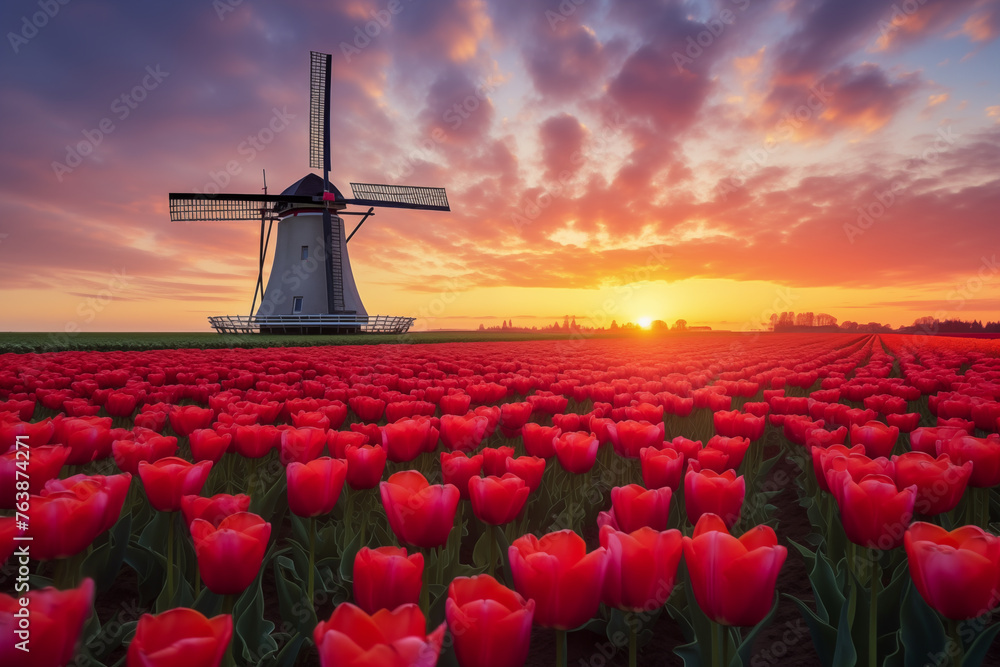 Windmill in red tulip field at sunset, Netherlands, springtime