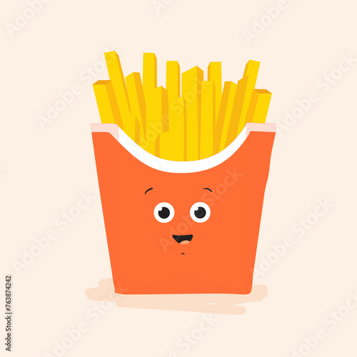 French fries in box with cute funny face. Fried potato sticks in pack with ey...