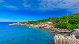 Felicite Island, close to La Digue, Seychelles. Aerial view of tropical coastline on a sunny day