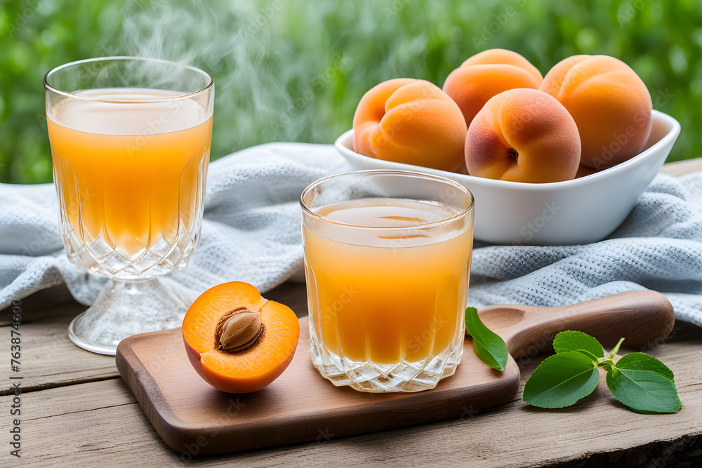apricot fruit with apricot juice in the fog on the wood table apricot fruit with apricot juice in the fog on the wood table