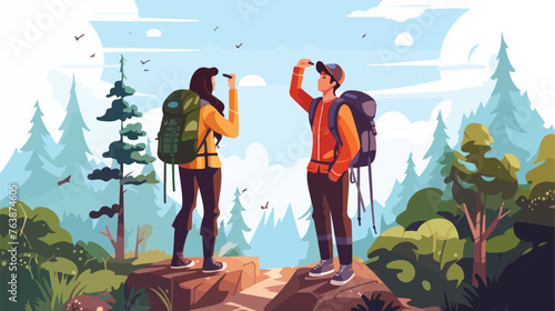 Hiking trekking people. Happy man and woman backpack