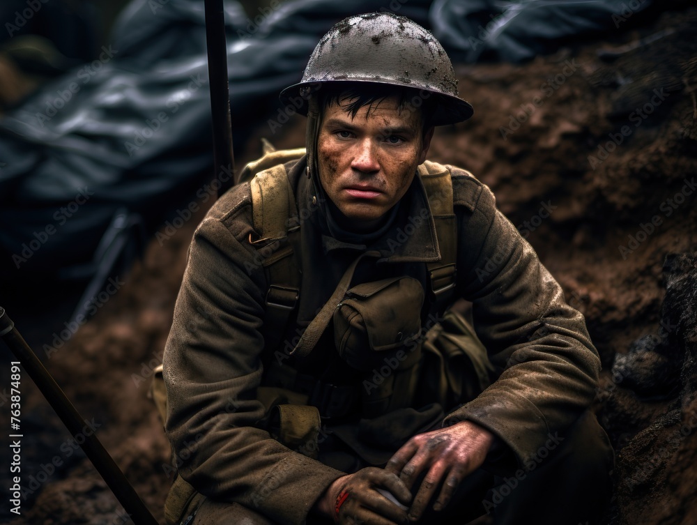 Modern soldier sitting in a trench ready for battle and on high alert