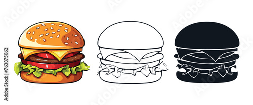Burger vector illustration, outline, silhouette on white background