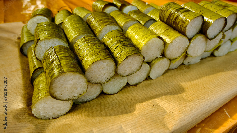 Banana leaf-wrapped rice is showcased at the night market during ...